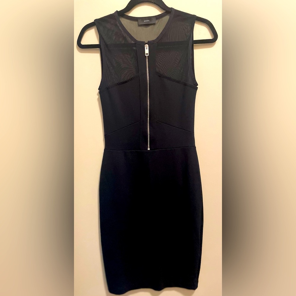 Black Diesel sleeveless bodycon minidress w/mesh panels & silver zipper detail